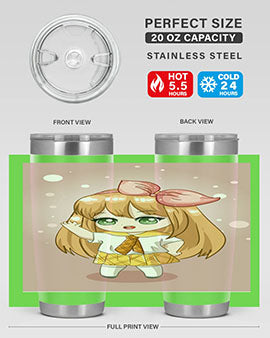 Cute anime tumbler featuring a little girl with yellow hair, designed for hot and cold beverages.