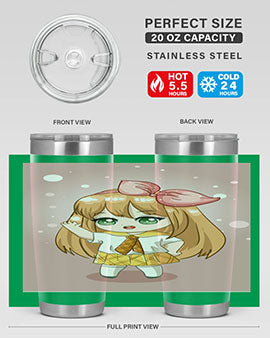 Cute anime tumbler featuring a little girl with yellow hair, designed for hot and cold beverages.