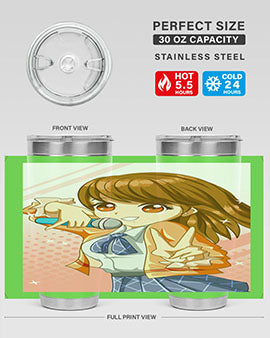 Cute teenage student girl singing on a stylish 20oz tumbler, featuring vibrant colors and a modern design, perfect for anime fans.