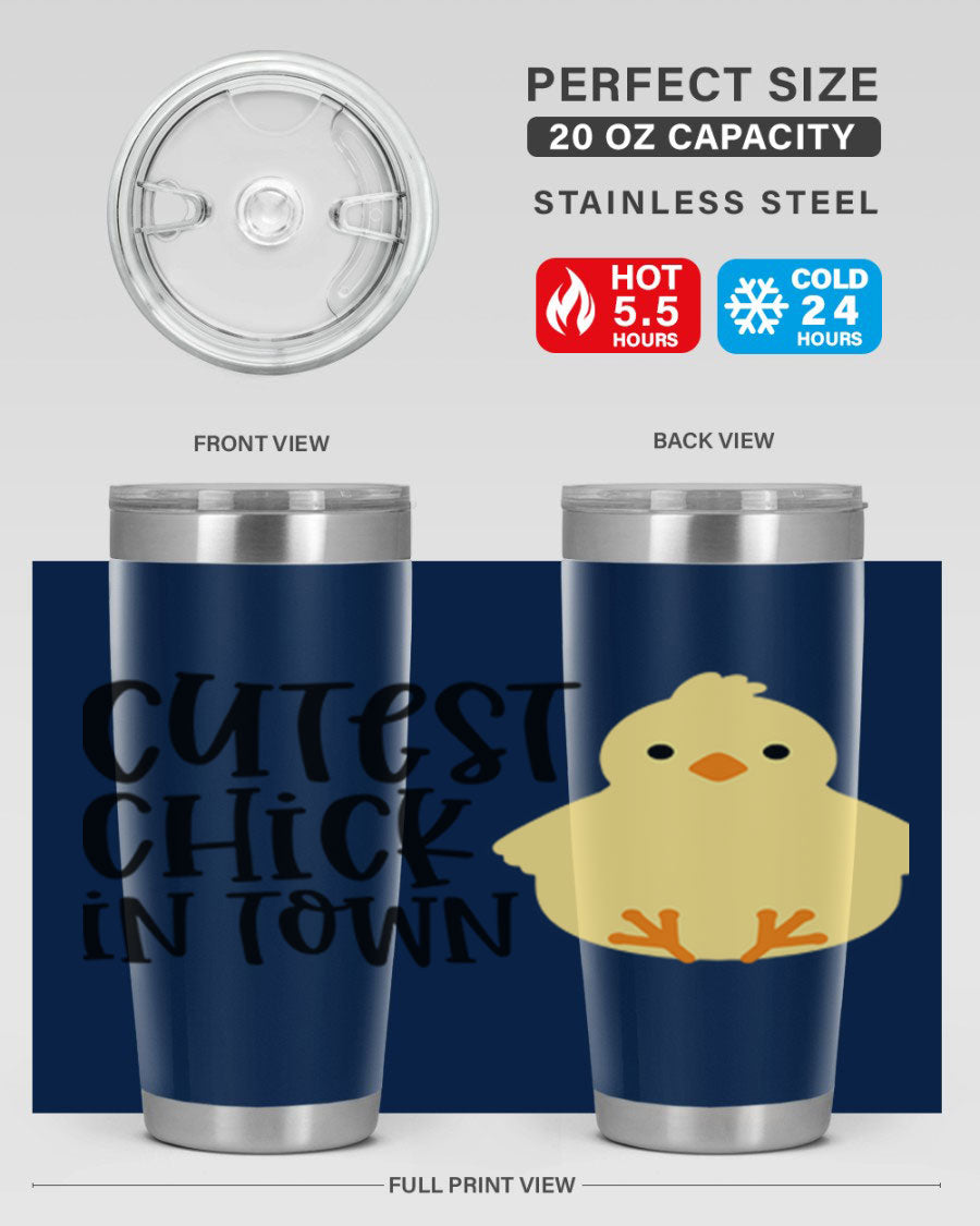 A vibrant 20oz tumbler featuring a cute chick design, made of double wall vacuum stainless steel with a drink-thru lid.
