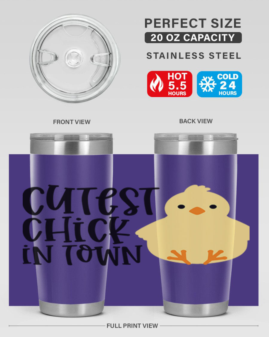 A vibrant 20oz tumbler featuring a cute chick design, made of double wall vacuum stainless steel with a drink-thru lid.
