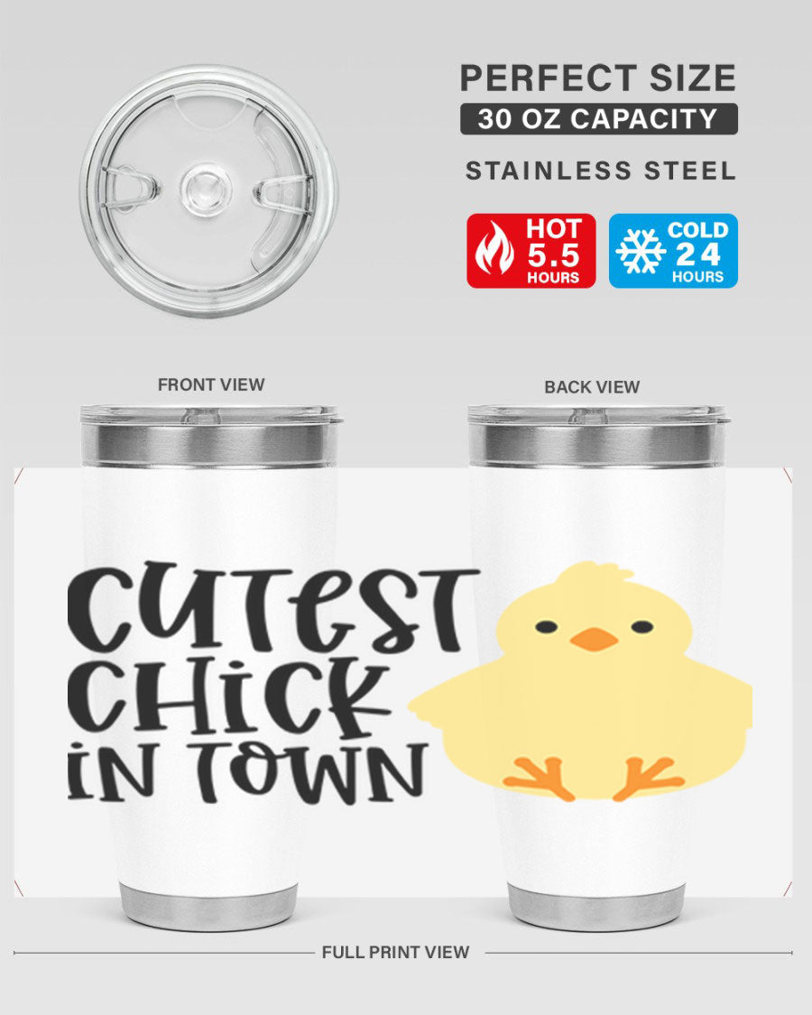 A vibrant 20oz tumbler featuring a cute chick design, made of double wall vacuum stainless steel with a drink-thru lid.