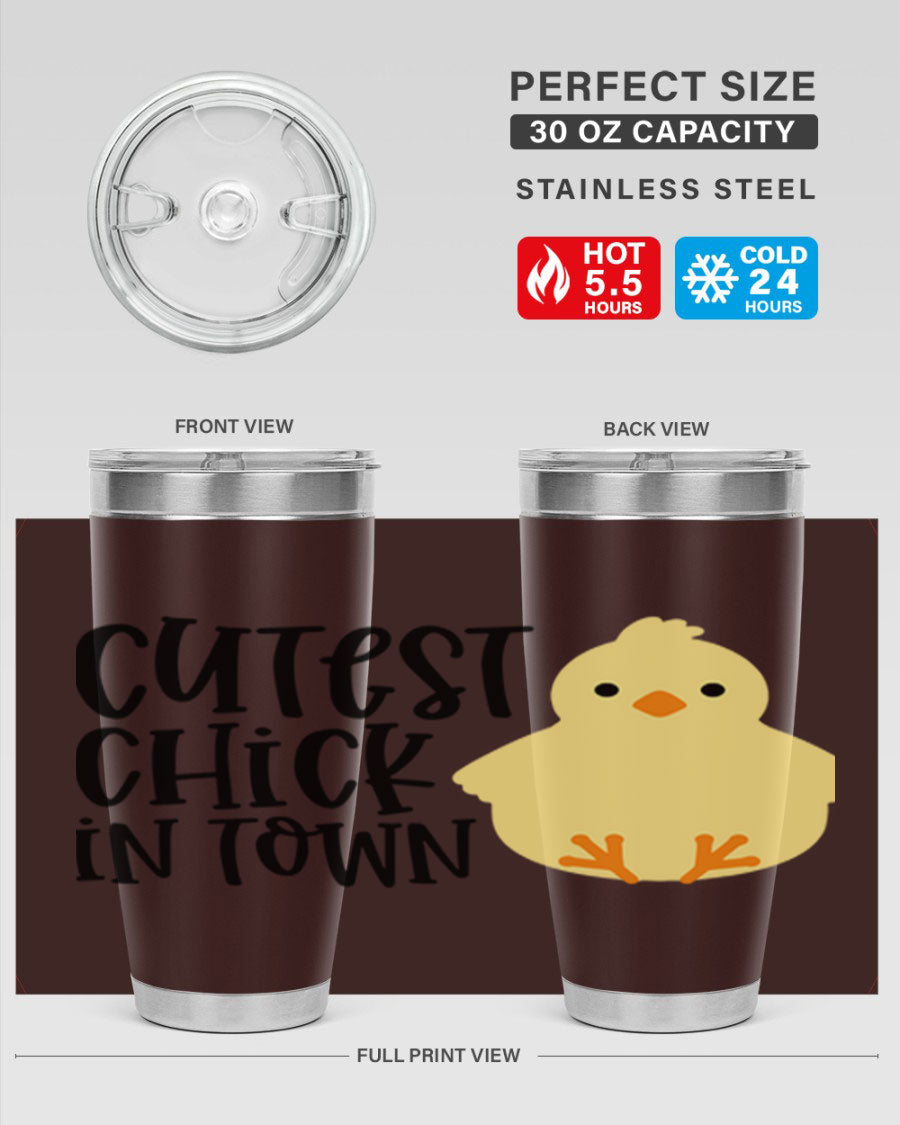 A vibrant 20oz tumbler featuring a cute chick design, made of double wall vacuum stainless steel with a drink-thru lid.