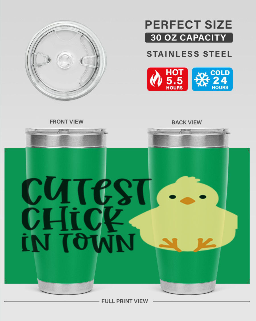 A vibrant 20oz tumbler featuring a cute chick design, made of double wall vacuum stainless steel with a drink-thru lid.
