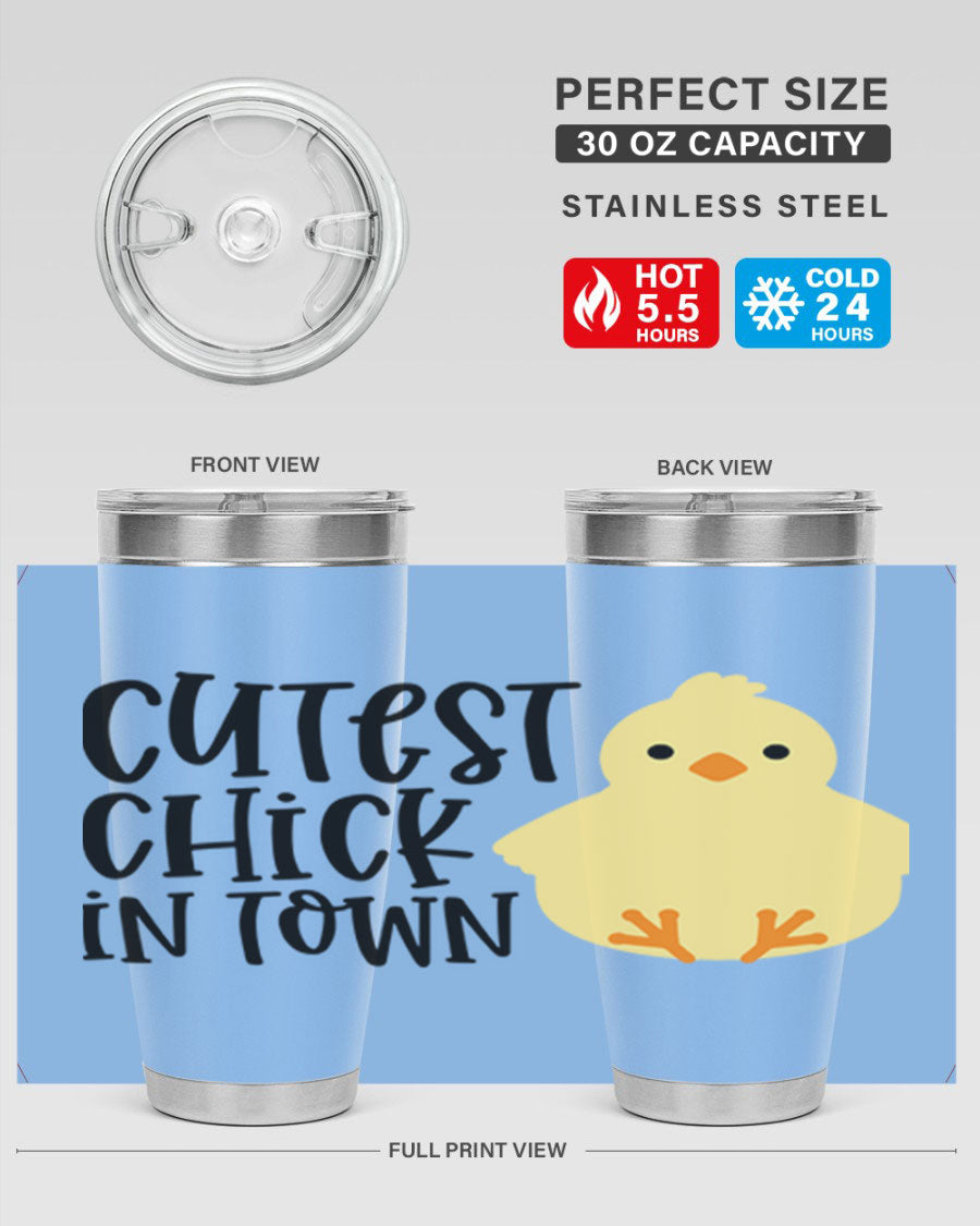 A vibrant 20oz tumbler featuring a cute chick design, made of double wall vacuum stainless steel with a drink-thru lid.