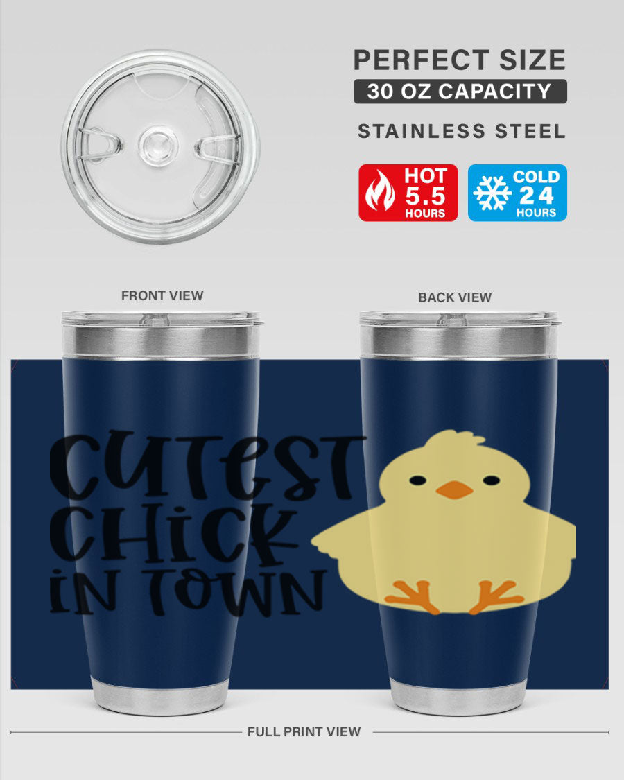 A vibrant 20oz tumbler featuring a cute chick design, made of double wall vacuum stainless steel with a drink-thru lid.