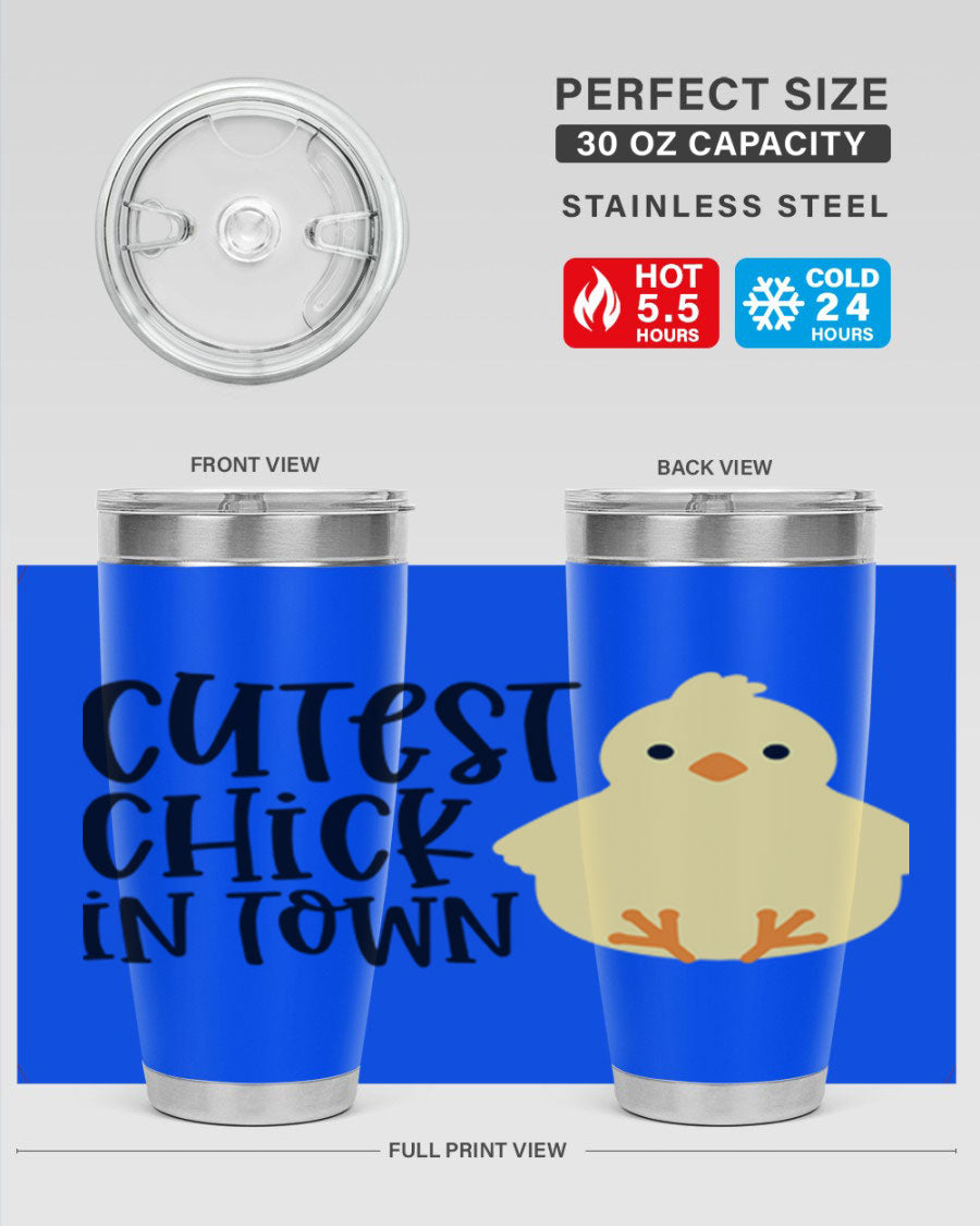 A vibrant 20oz tumbler featuring a cute chick design, made of double wall vacuum stainless steel with a drink-thru lid.