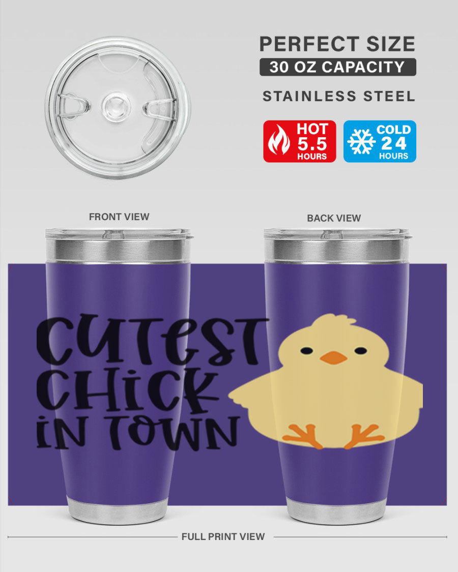 A vibrant 20oz tumbler featuring a cute chick design, made of double wall vacuum stainless steel with a drink-thru lid.