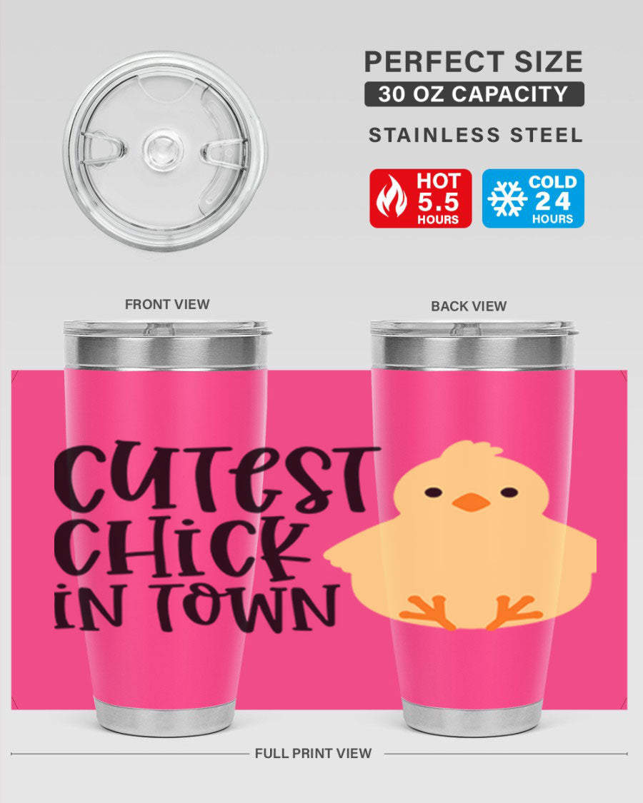 A vibrant 20oz tumbler featuring a cute chick design, made of double wall vacuum stainless steel with a drink-thru lid.