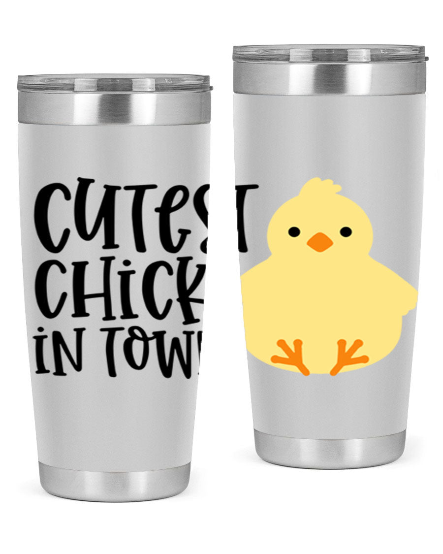 A vibrant 20oz tumbler featuring a cute chick design, made of double wall vacuum stainless steel with a drink-thru lid.