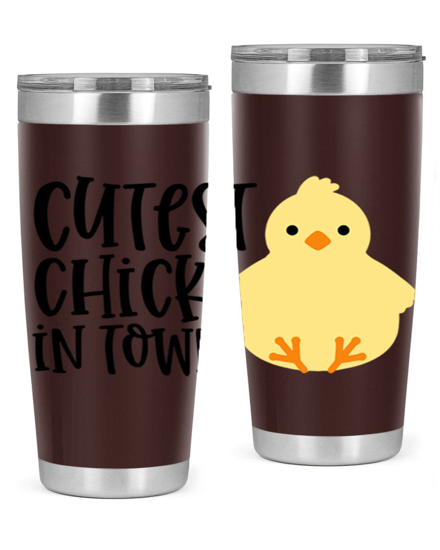 A vibrant 20oz tumbler featuring a cute chick design, made of double wall vacuum stainless steel with a drink-thru lid.