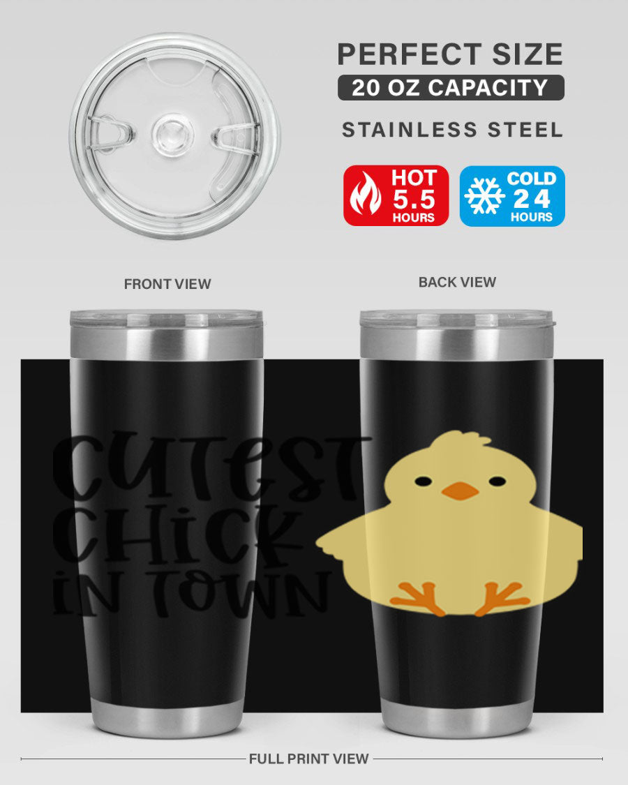 A vibrant 20oz tumbler featuring a cute chick design, made of double wall vacuum stainless steel with a drink-thru lid.
