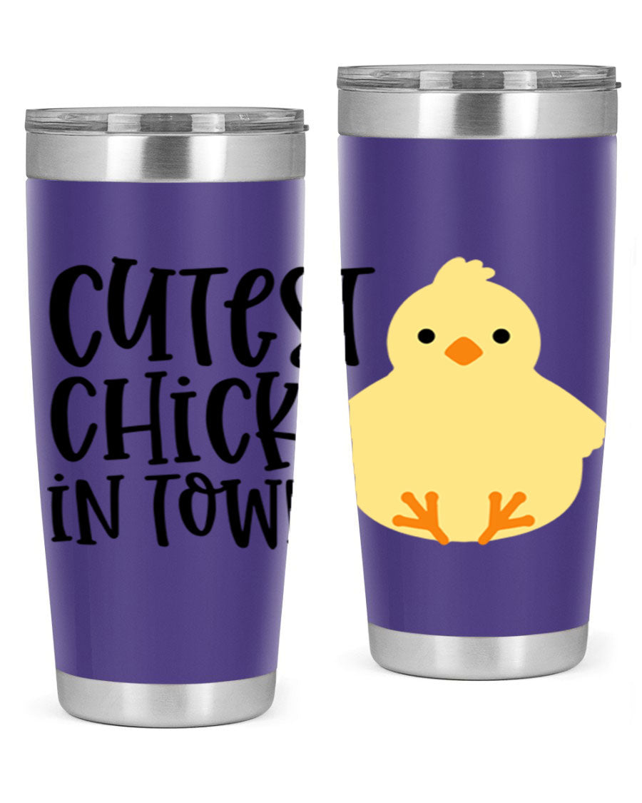 A vibrant 20oz tumbler featuring a cute chick design, made of double wall vacuum stainless steel with a drink-thru lid.