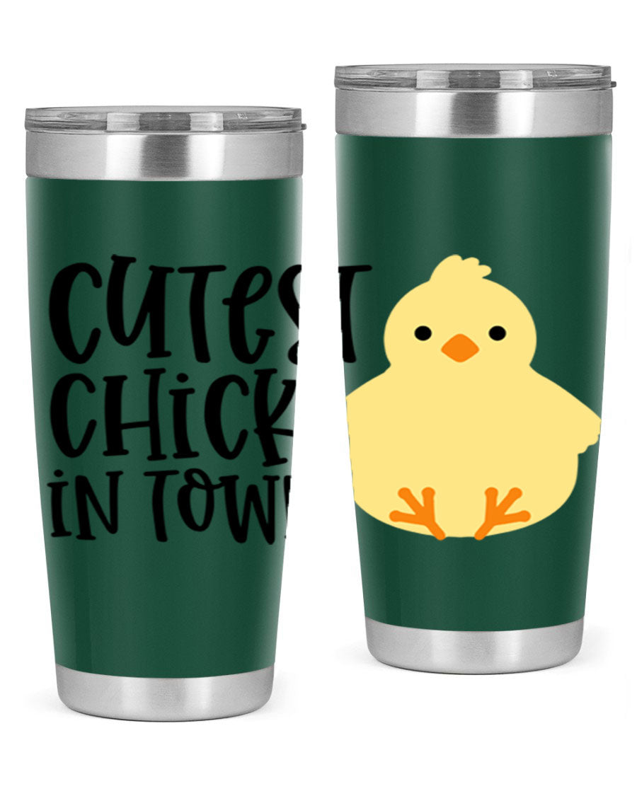 A vibrant 20oz tumbler featuring a cute chick design, made of double wall vacuum stainless steel with a drink-thru lid.
