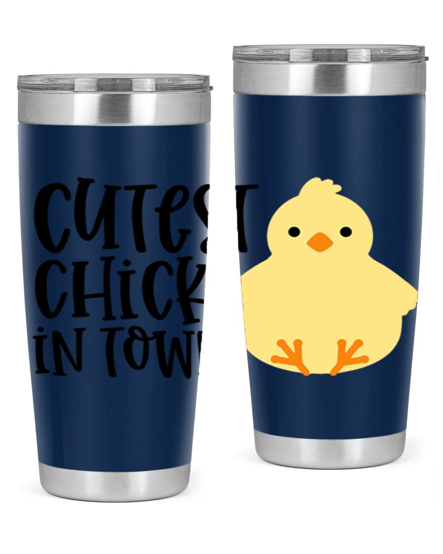 A vibrant 20oz tumbler featuring a cute chick design, made of double wall vacuum stainless steel with a drink-thru lid.