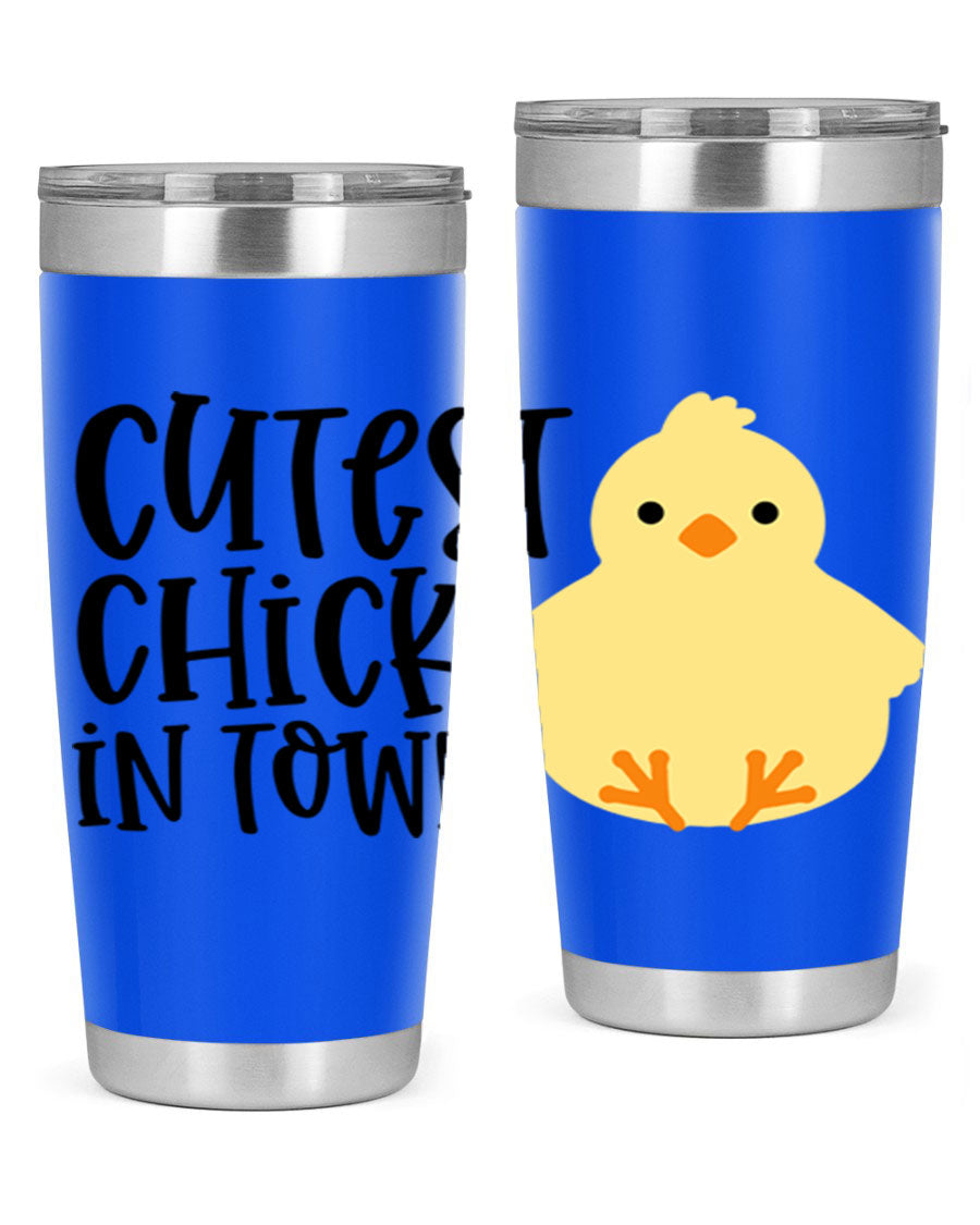 A vibrant 20oz tumbler featuring a cute chick design, made of double wall vacuum stainless steel with a drink-thru lid.
