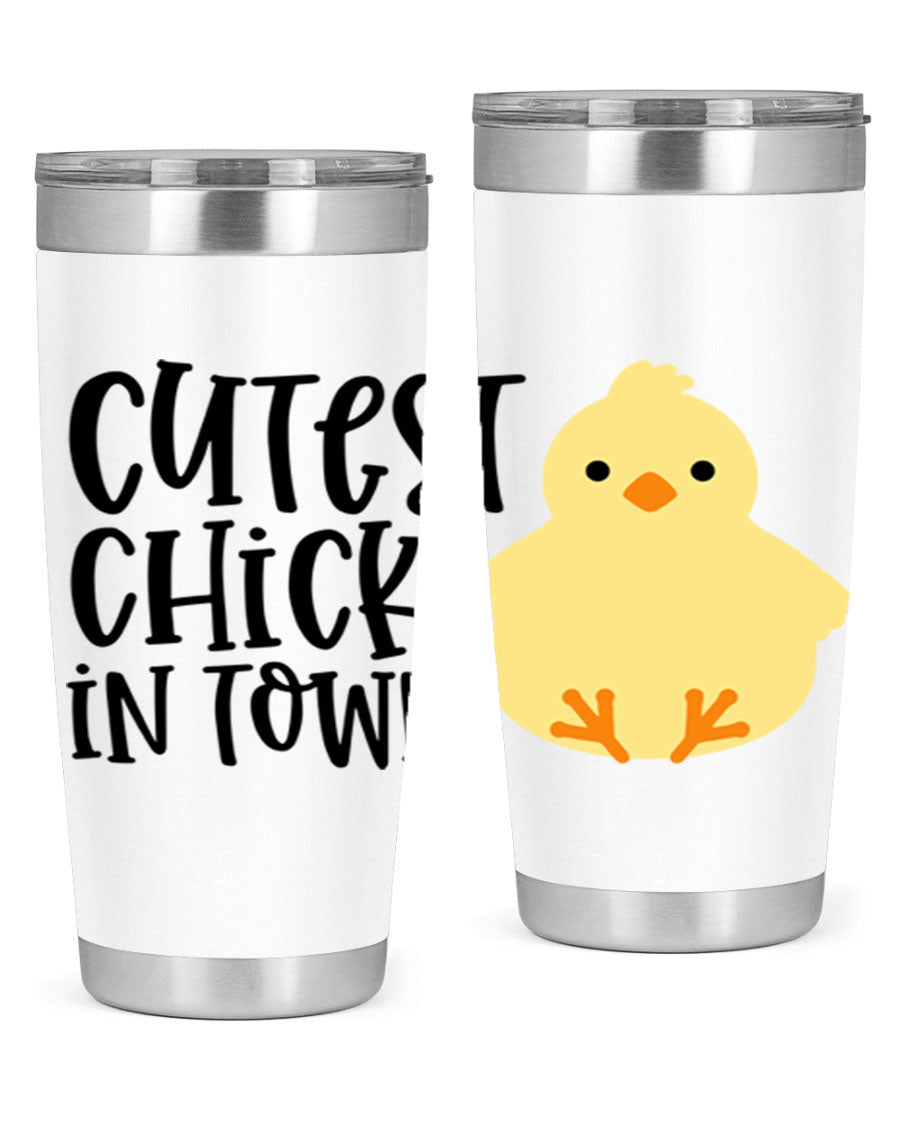 A vibrant 20oz tumbler featuring a cute chick design, made of double wall vacuum stainless steel with a drink-thru lid.