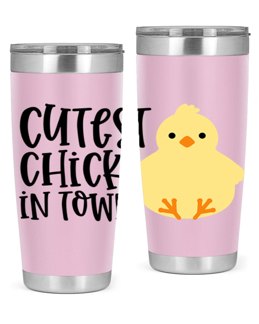 A vibrant 20oz tumbler featuring a cute chick design, made of double wall vacuum stainless steel with a drink-thru lid.