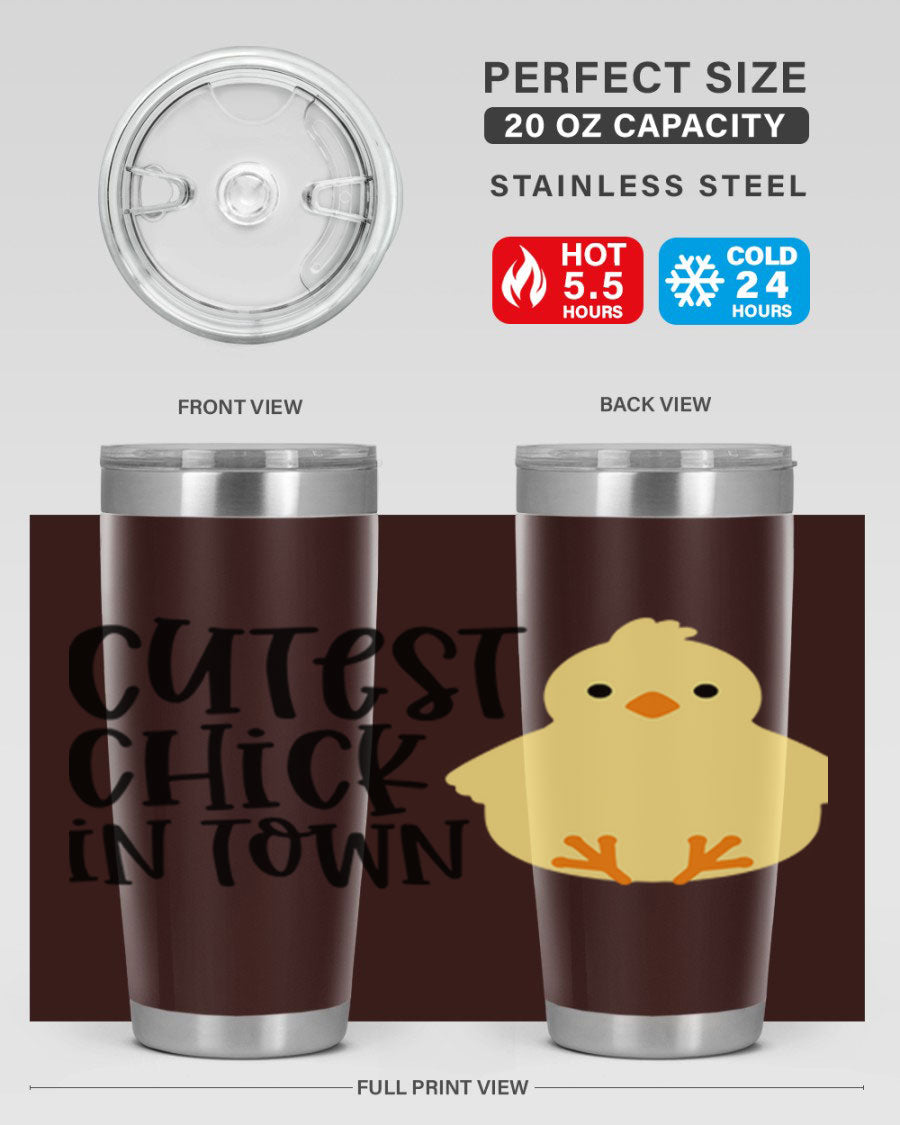 A vibrant 20oz tumbler featuring a cute chick design, made of double wall vacuum stainless steel with a drink-thru lid.