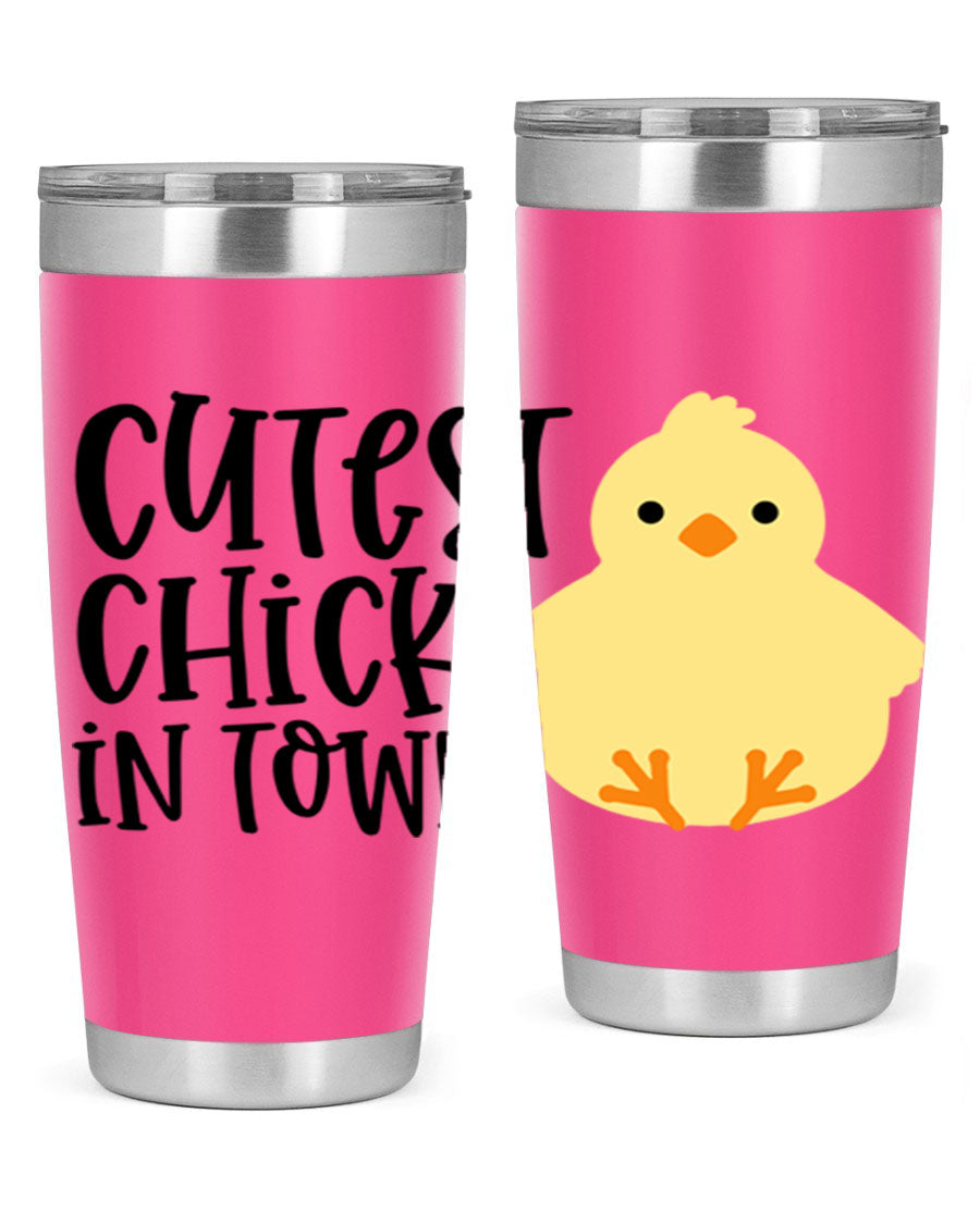 A vibrant 20oz tumbler featuring a cute chick design, made of double wall vacuum stainless steel with a drink-thru lid.