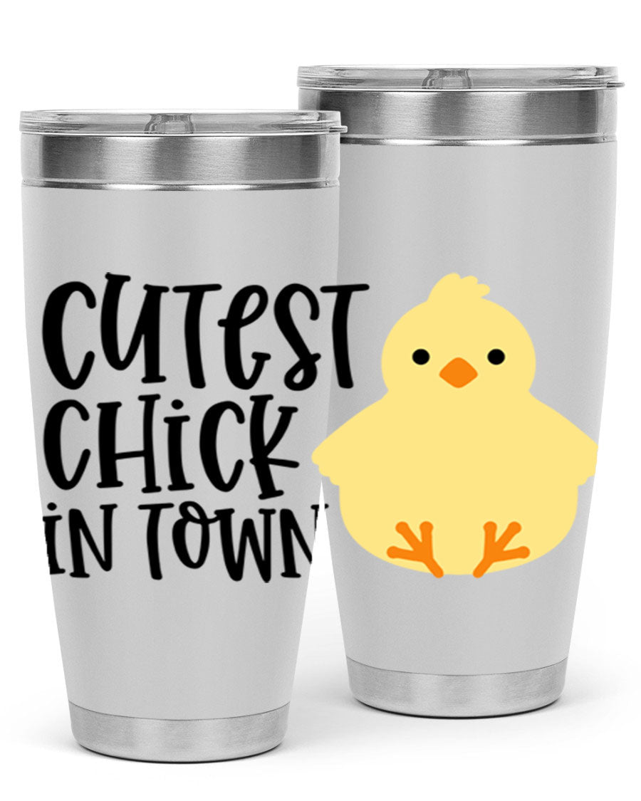 A vibrant 20oz tumbler featuring a cute chick design, made of double wall vacuum stainless steel with a drink-thru lid.