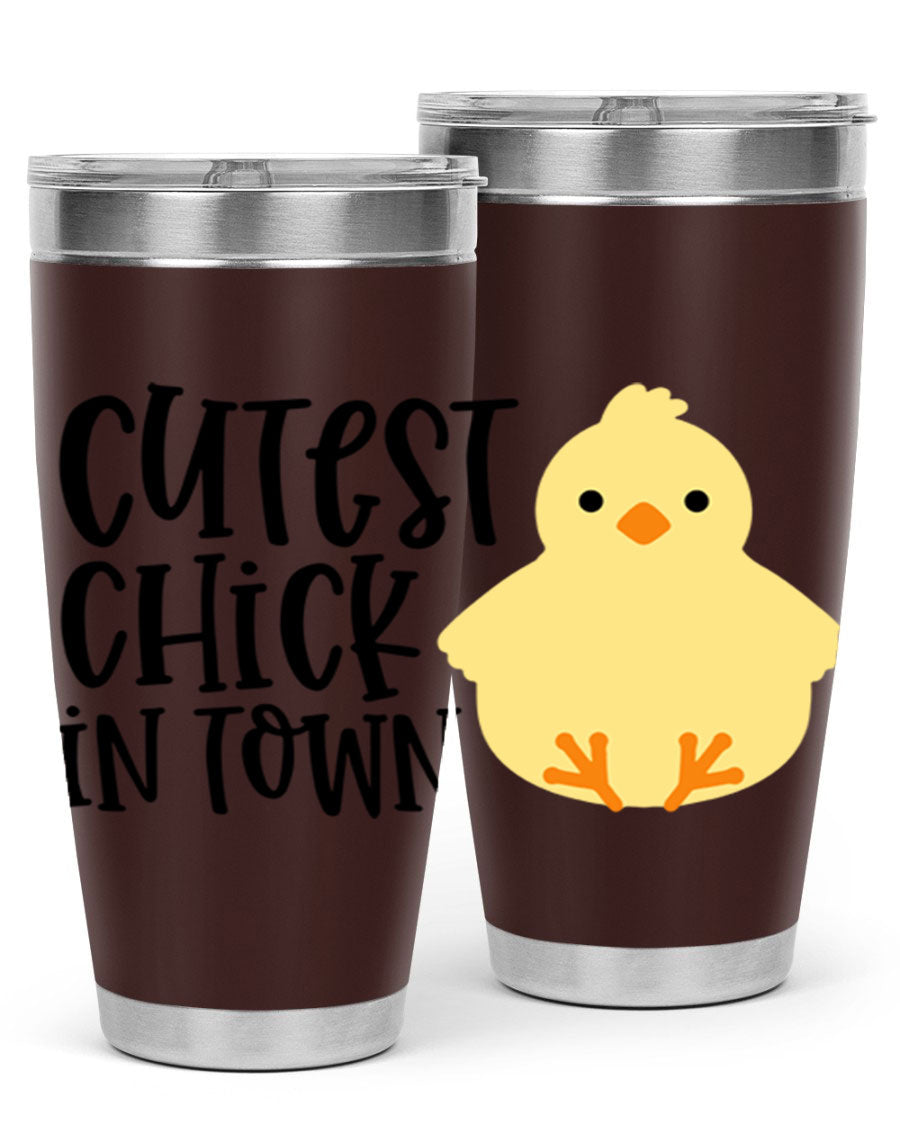 A vibrant 20oz tumbler featuring a cute chick design, made of double wall vacuum stainless steel with a drink-thru lid.