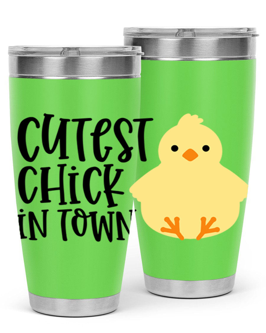 A vibrant 20oz tumbler featuring a cute chick design, made of double wall vacuum stainless steel with a drink-thru lid.