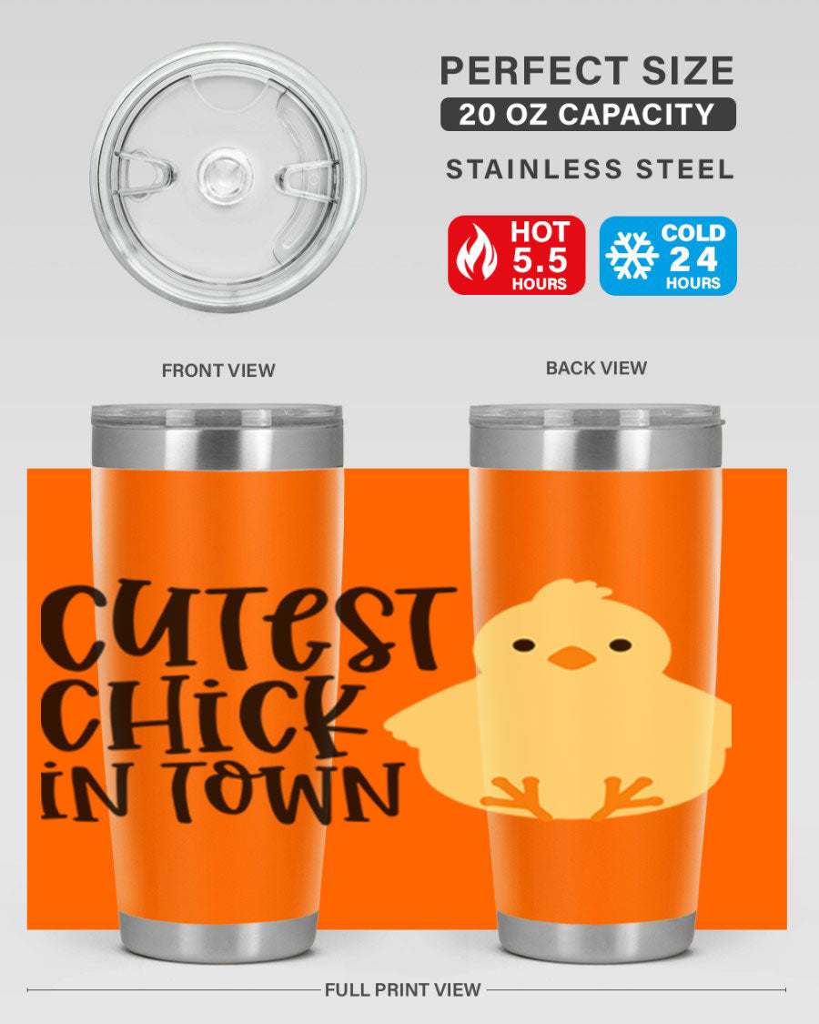 A vibrant 20oz tumbler featuring a cute chick design, made of double wall vacuum stainless steel with a drink-thru lid.