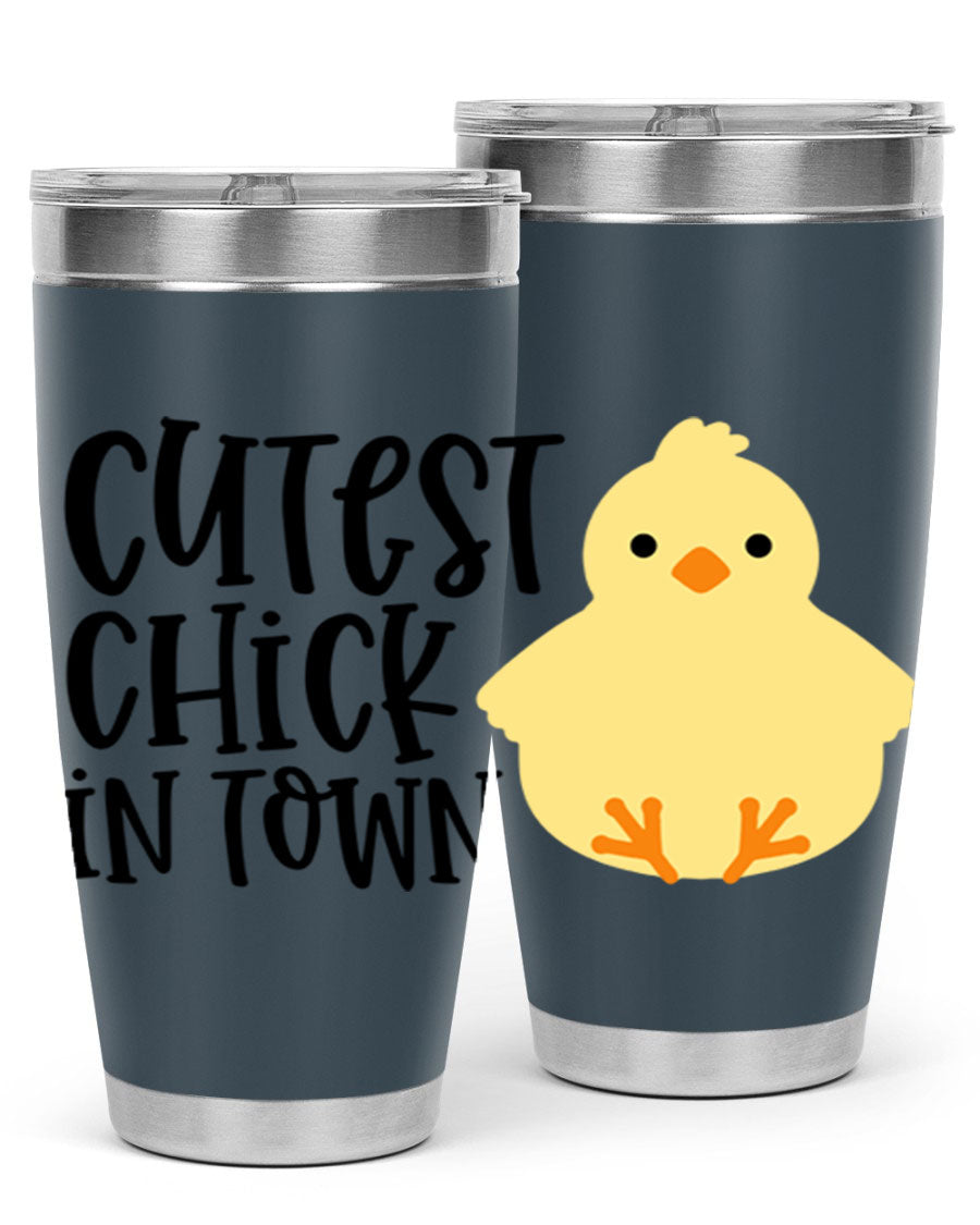 A vibrant 20oz tumbler featuring a cute chick design, made of double wall vacuum stainless steel with a drink-thru lid.