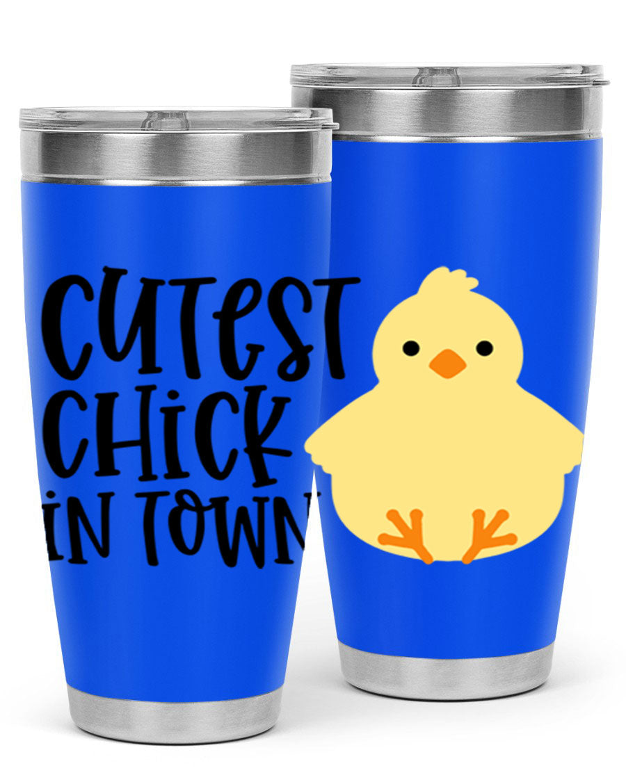 A vibrant 20oz tumbler featuring a cute chick design, made of double wall vacuum stainless steel with a drink-thru lid.