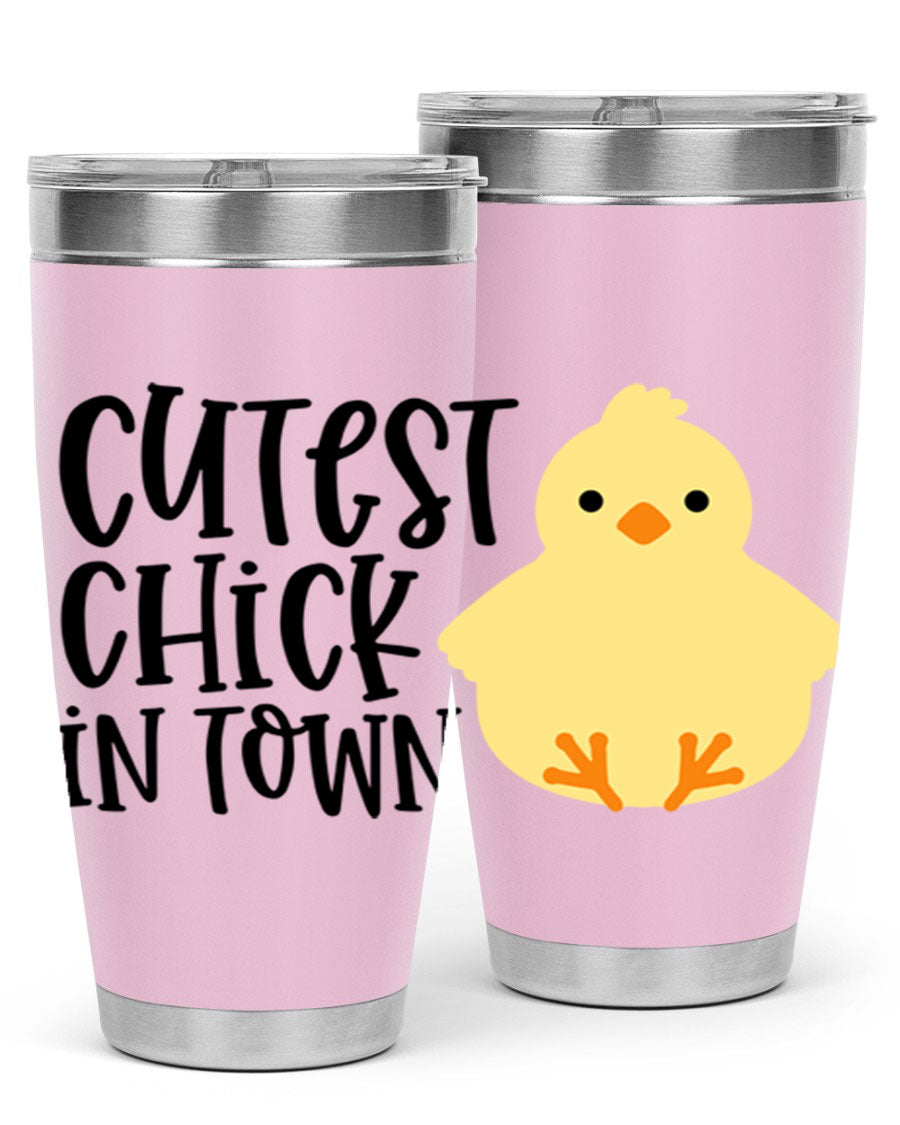 A vibrant 20oz tumbler featuring a cute chick design, made of double wall vacuum stainless steel with a drink-thru lid.