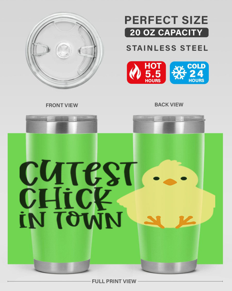 A vibrant 20oz tumbler featuring a cute chick design, made of double wall vacuum stainless steel with a drink-thru lid.