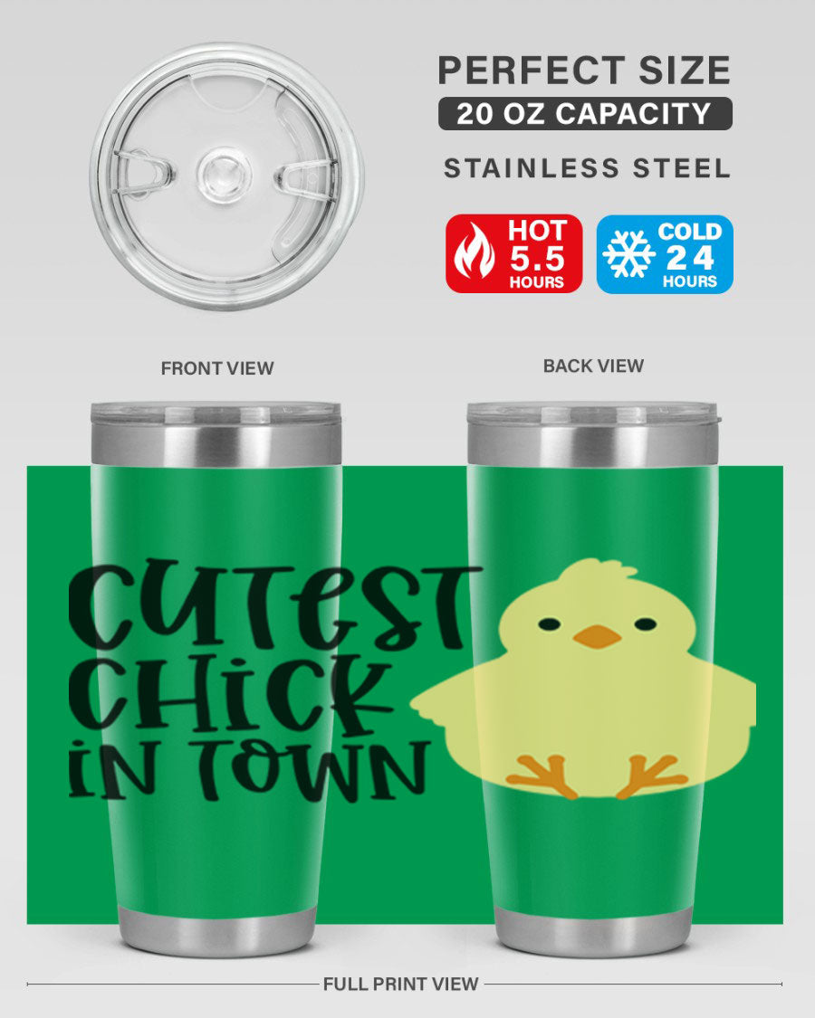 A vibrant 20oz tumbler featuring a cute chick design, made of double wall vacuum stainless steel with a drink-thru lid.