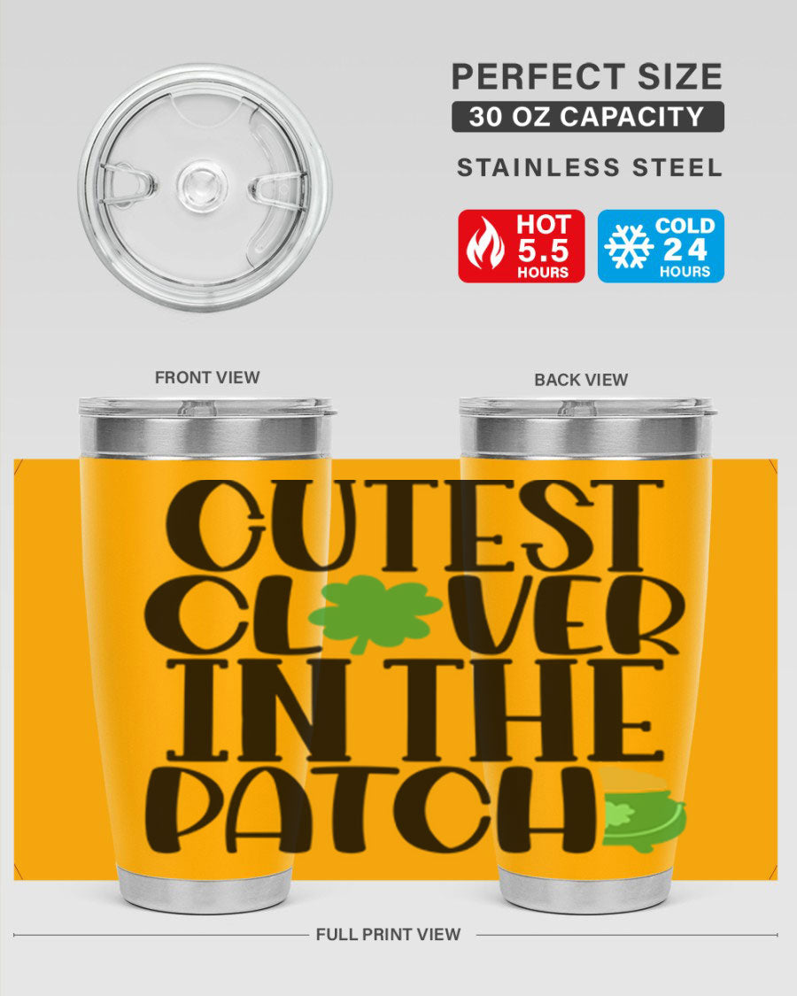 Cutest Clover In The Patch Style 102# tumbler featuring a vibrant clover design, perfect for St. Patrick's Day celebrations.