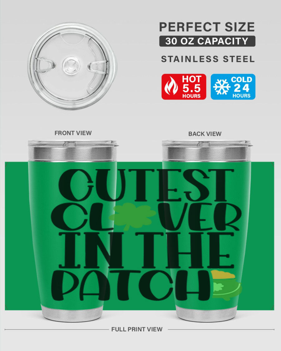 Cutest Clover In The Patch Style 102# tumbler featuring a vibrant clover design, perfect for St. Patrick's Day celebrations.