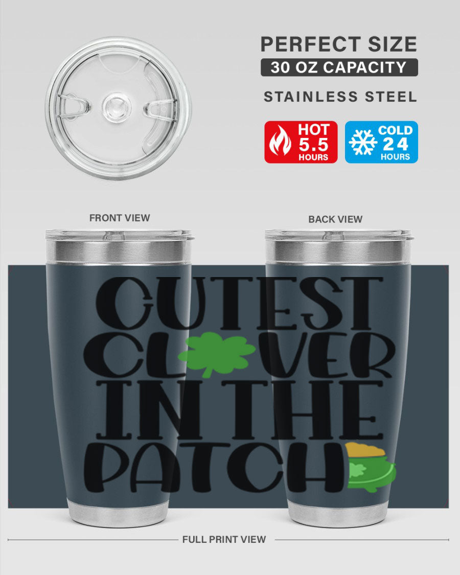 Cutest Clover In The Patch Style 102# tumbler featuring a vibrant clover design, perfect for St. Patrick's Day celebrations.