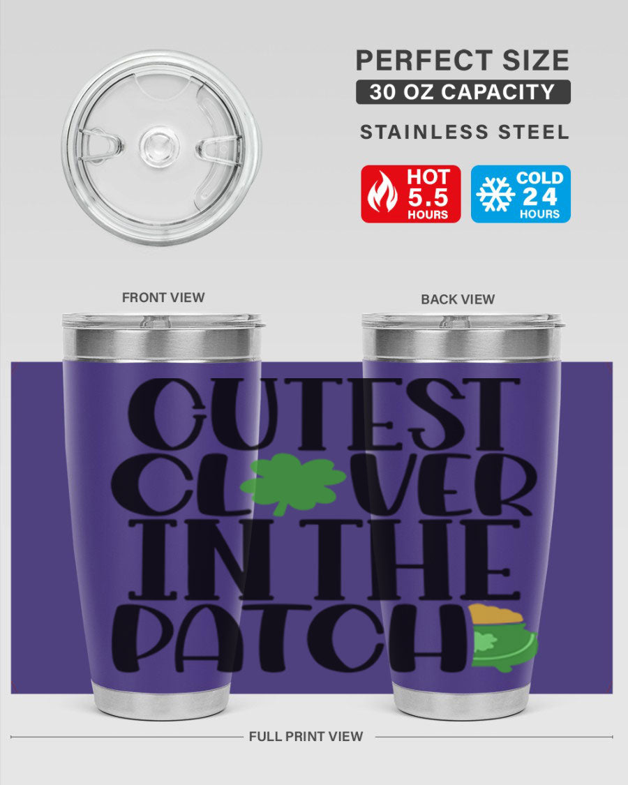 Cutest Clover In The Patch Style 102# tumbler featuring a vibrant clover design, perfect for St. Patrick's Day celebrations.