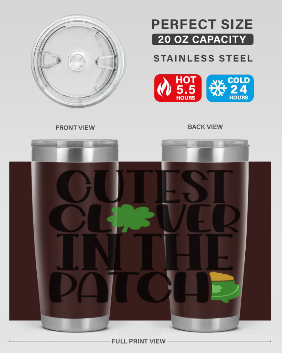 Cutest Clover In The Patch Style 102# tumbler featuring a vibrant clover design, perfect for St. Patrick's Day celebrations.