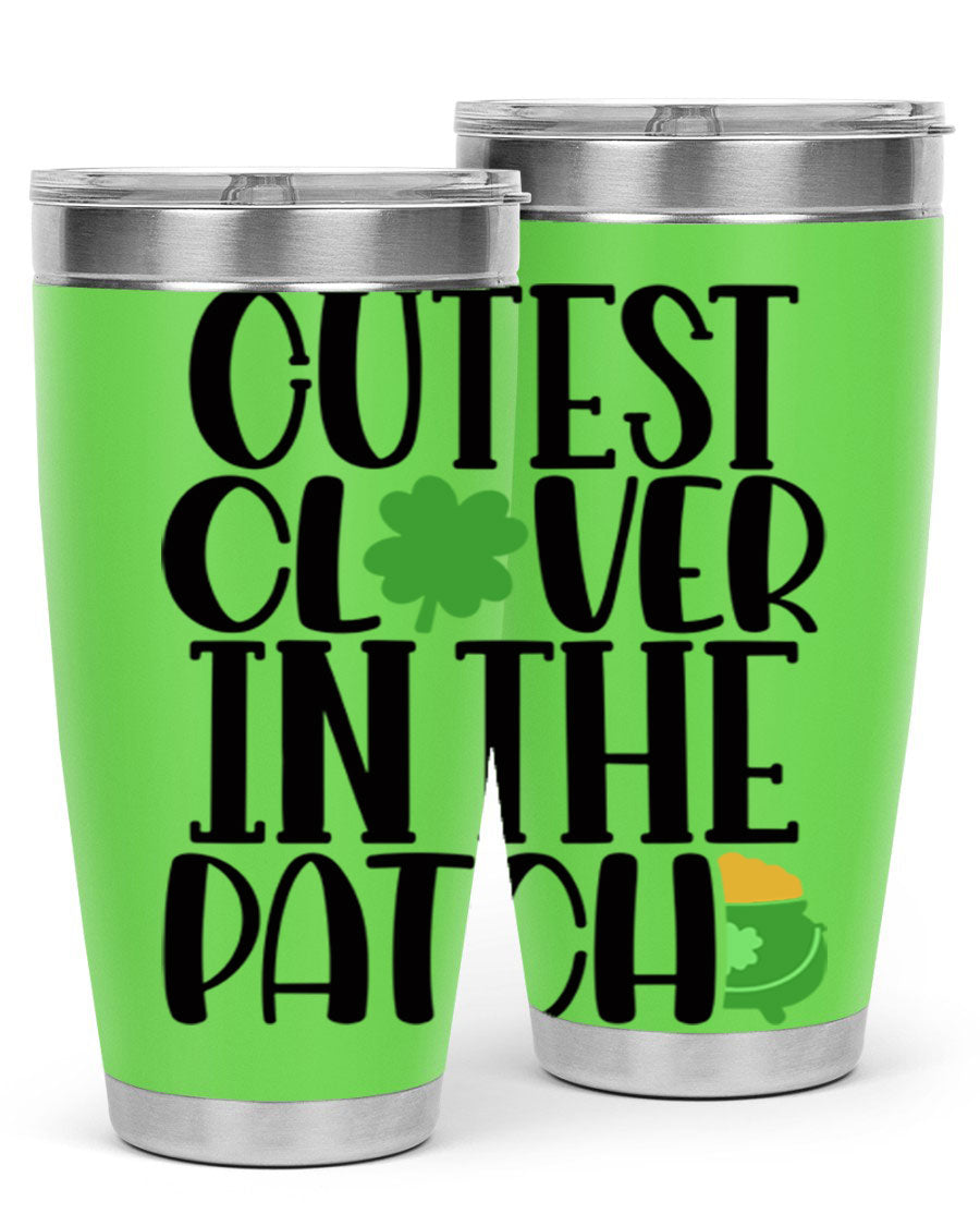 Cutest Clover In The Patch Style 102# tumbler featuring a vibrant clover design, perfect for St. Patrick's Day celebrations.