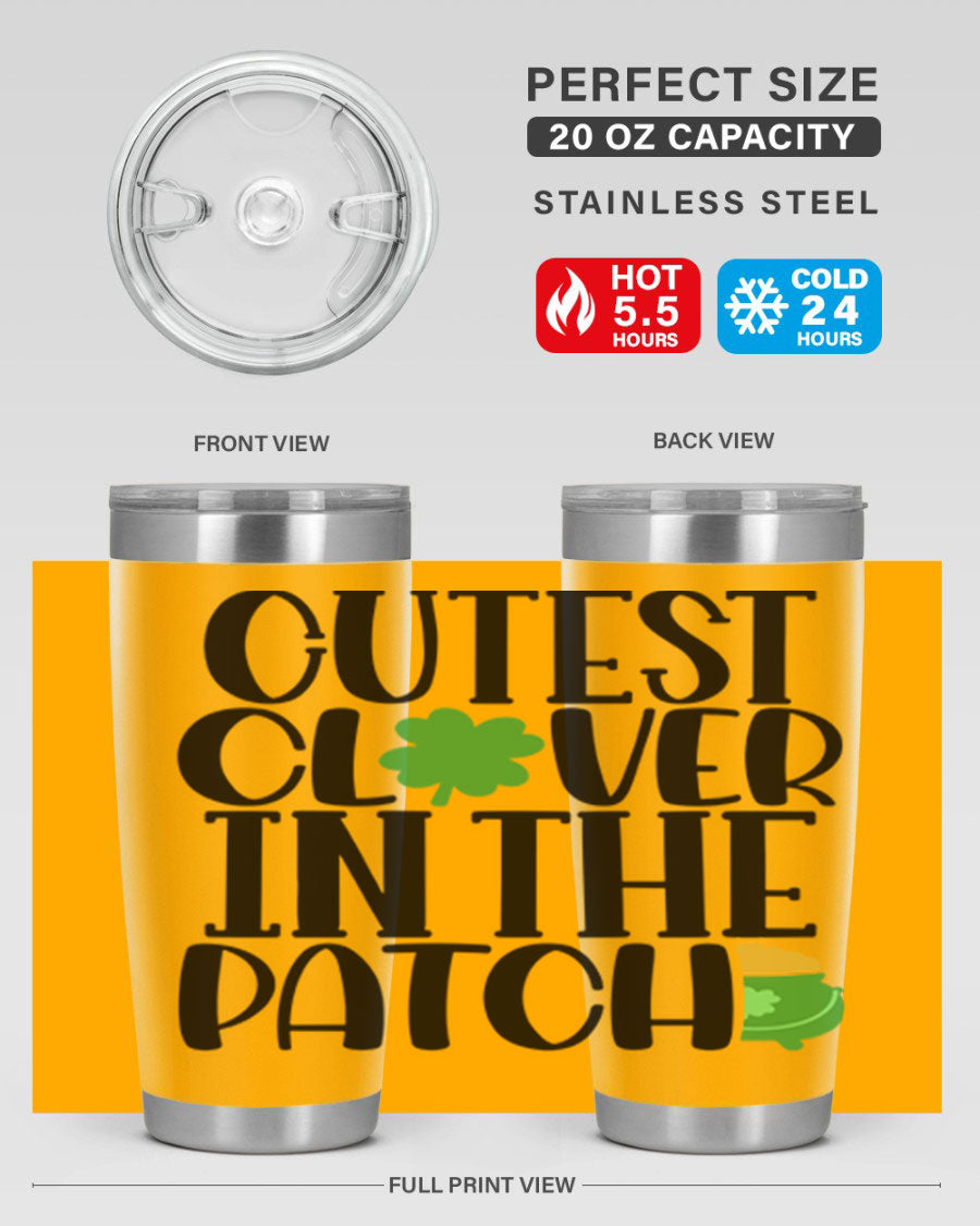 Cutest Clover In The Patch Style 102# tumbler featuring a vibrant clover design, perfect for St. Patrick's Day celebrations.