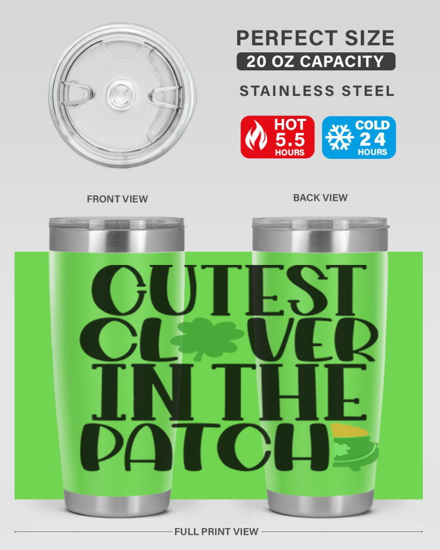 Cutest Clover In The Patch Style 102# tumbler featuring a vibrant clover design, perfect for St. Patrick's Day celebrations.