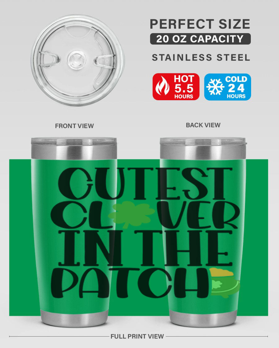 Cutest Clover In The Patch Style 102# tumbler featuring a vibrant clover design, perfect for St. Patrick's Day celebrations.