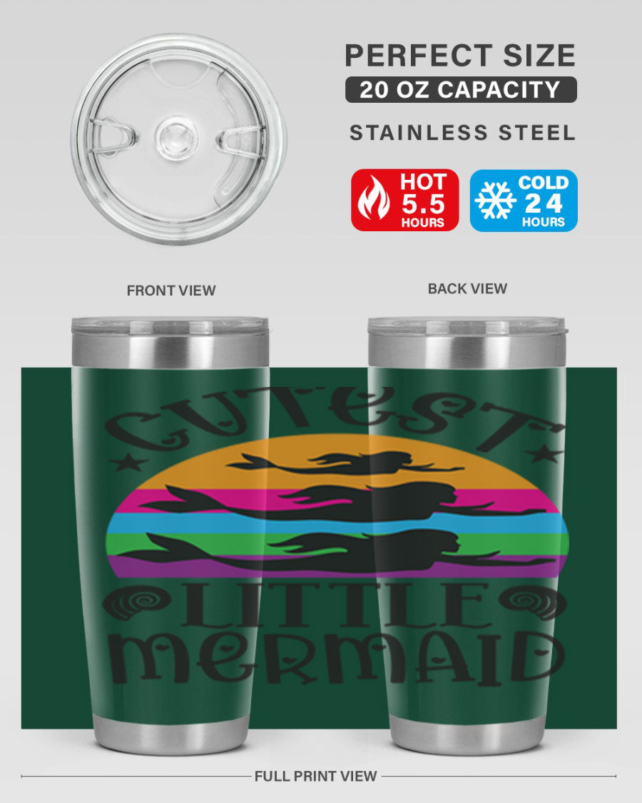 Cutest Little Mermaid 96# Tumbler featuring a vibrant mermaid design, double wall vacuum stainless steel construction, and a drink-thru lid.