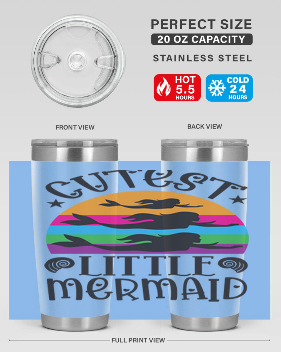 Cutest Little Mermaid 96# Tumbler featuring a vibrant mermaid design, double wall vacuum stainless steel construction, and a drink-thru lid.