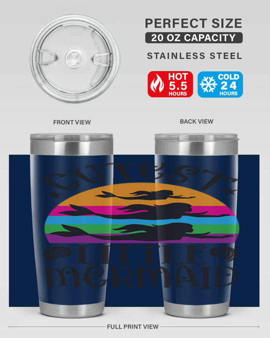 Cutest Little Mermaid 96# Tumbler featuring a vibrant mermaid design, double wall vacuum stainless steel construction, and a drink-thru lid.
