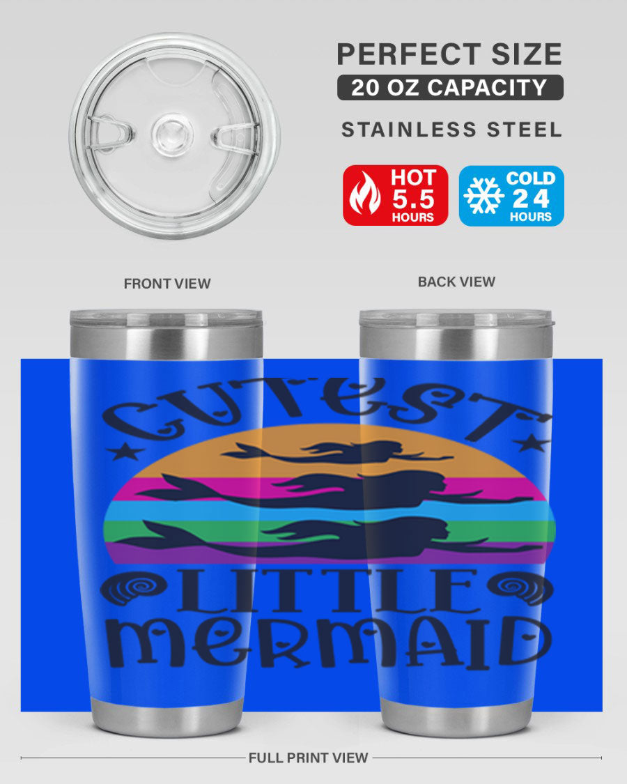 Cutest Little Mermaid 96# Tumbler featuring a vibrant mermaid design, double wall vacuum stainless steel construction, and a drink-thru lid.