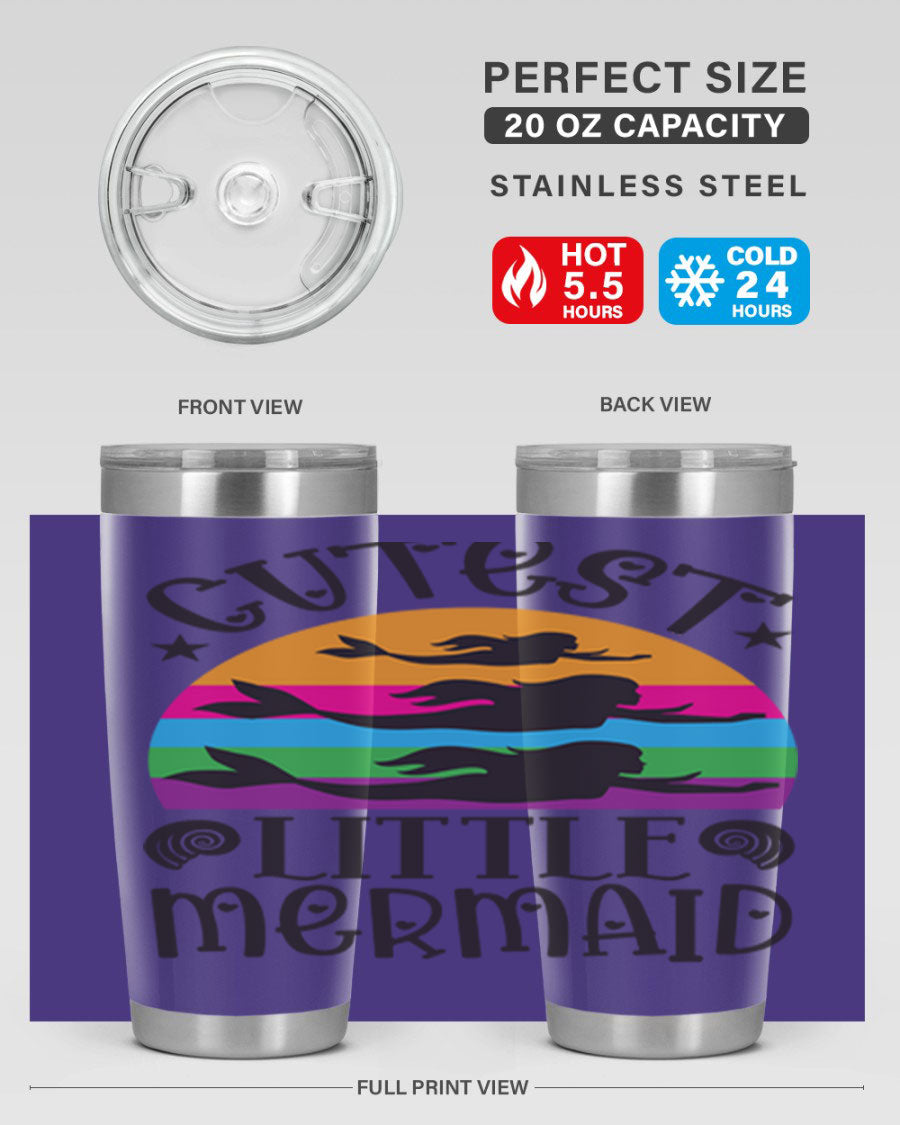 Cutest Little Mermaid 96# Tumbler featuring a vibrant mermaid design, double wall vacuum stainless steel construction, and a drink-thru lid.