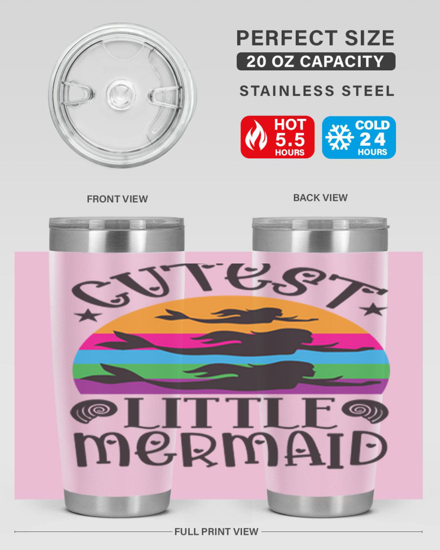Cutest Little Mermaid 96# Tumbler featuring a vibrant mermaid design, double wall vacuum stainless steel construction, and a drink-thru lid.
