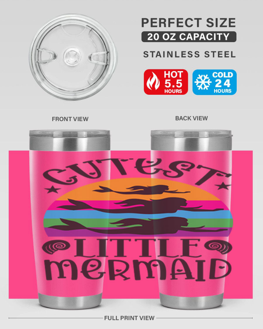 Cutest Little Mermaid 96# Tumbler featuring a vibrant mermaid design, double wall vacuum stainless steel construction, and a drink-thru lid.