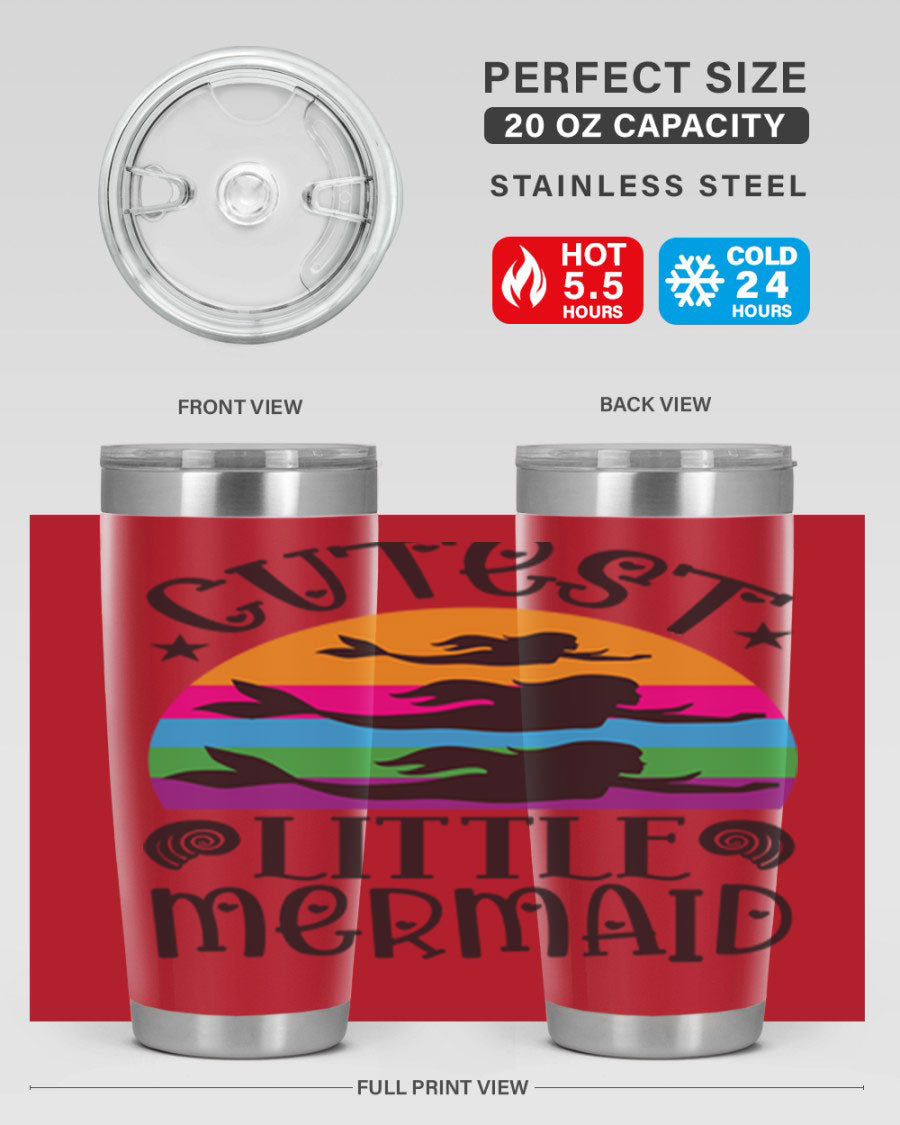 Cutest Little Mermaid 96# Tumbler featuring a vibrant mermaid design, double wall vacuum stainless steel construction, and a drink-thru lid.